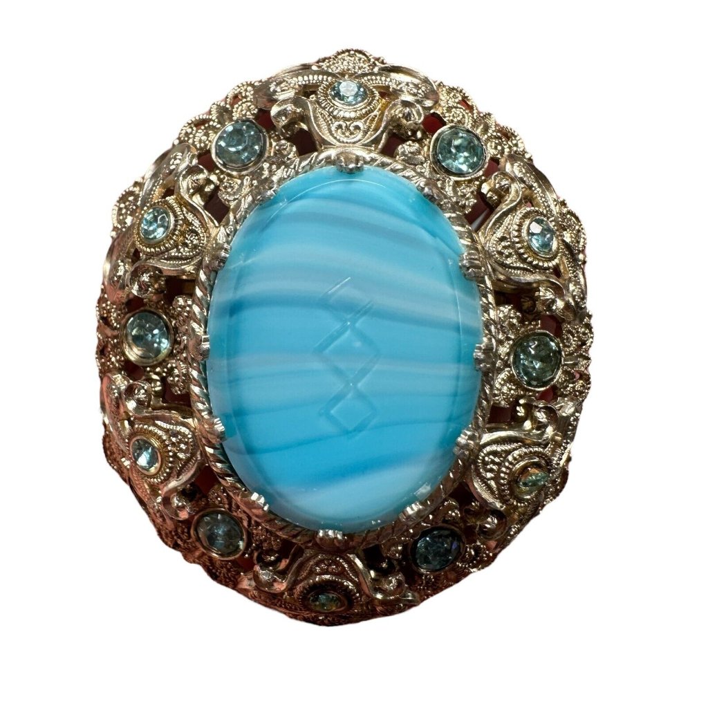 Vintage West Germany Signed Blue Rhinestone Filigree Ornate Brooch Pin